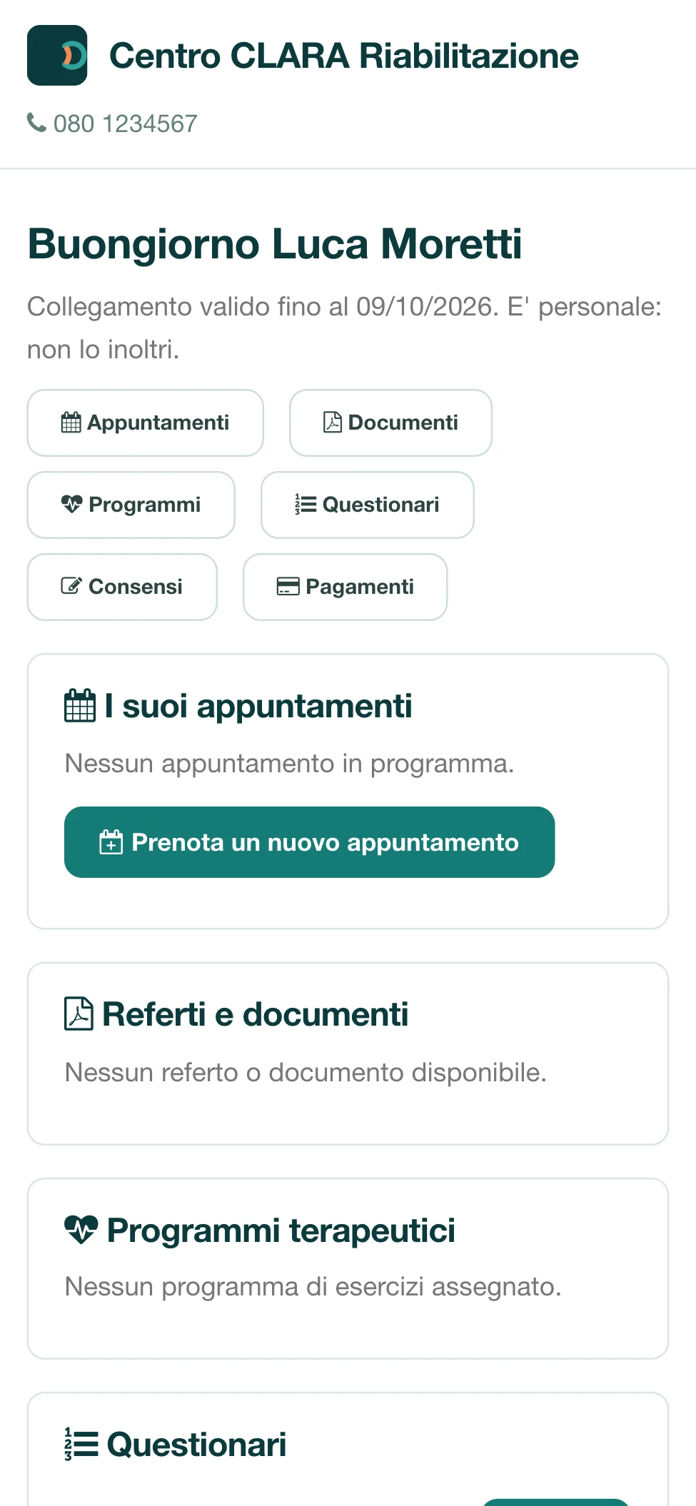 CLARA: area personale del paziente con appuntamenti, documenti, programmi e consensi