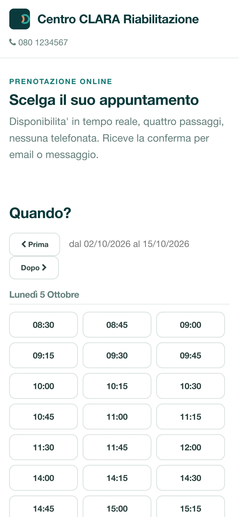 CLARA: scelta di data e ora con disponibilità in tempo reale